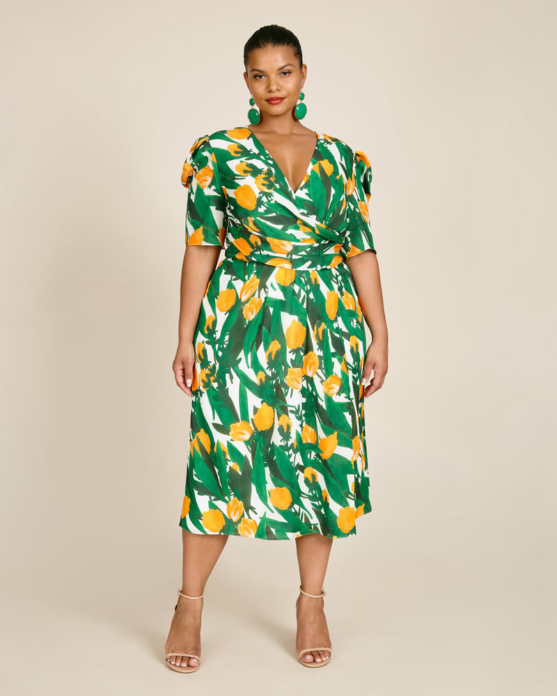 Front of a model wearing a size $20 Puff Sleeve V-Neck Dress with Draping in Yellow / Light Green by Carolina Herrera. | dia_product_style_image_id:233112